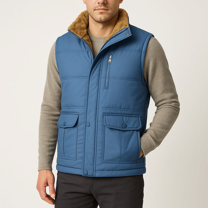 Men's Fleece Lined Puffer Vest with Zipper Pockets and Stand Collar
