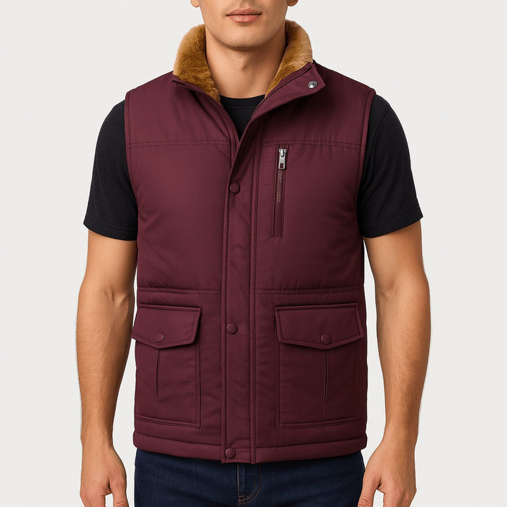 Men's Fleece Lined Puffer Vest with Zipper Pockets and Stand Collar