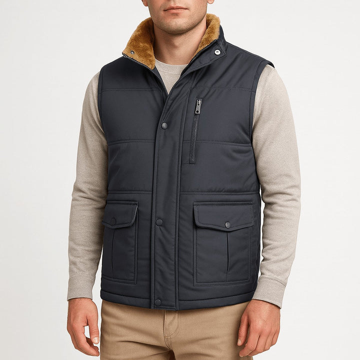 Men's Fleece Lined Puffer Vest with Zipper Pockets and Stand Collar