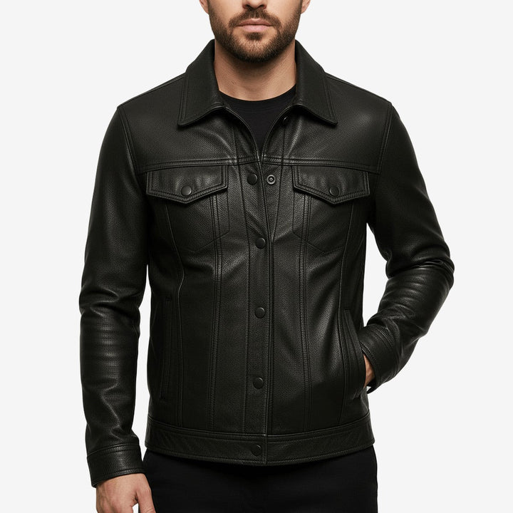 Men's Distressed Faux Leather Biker Jacket with Stand Collar and Pockets