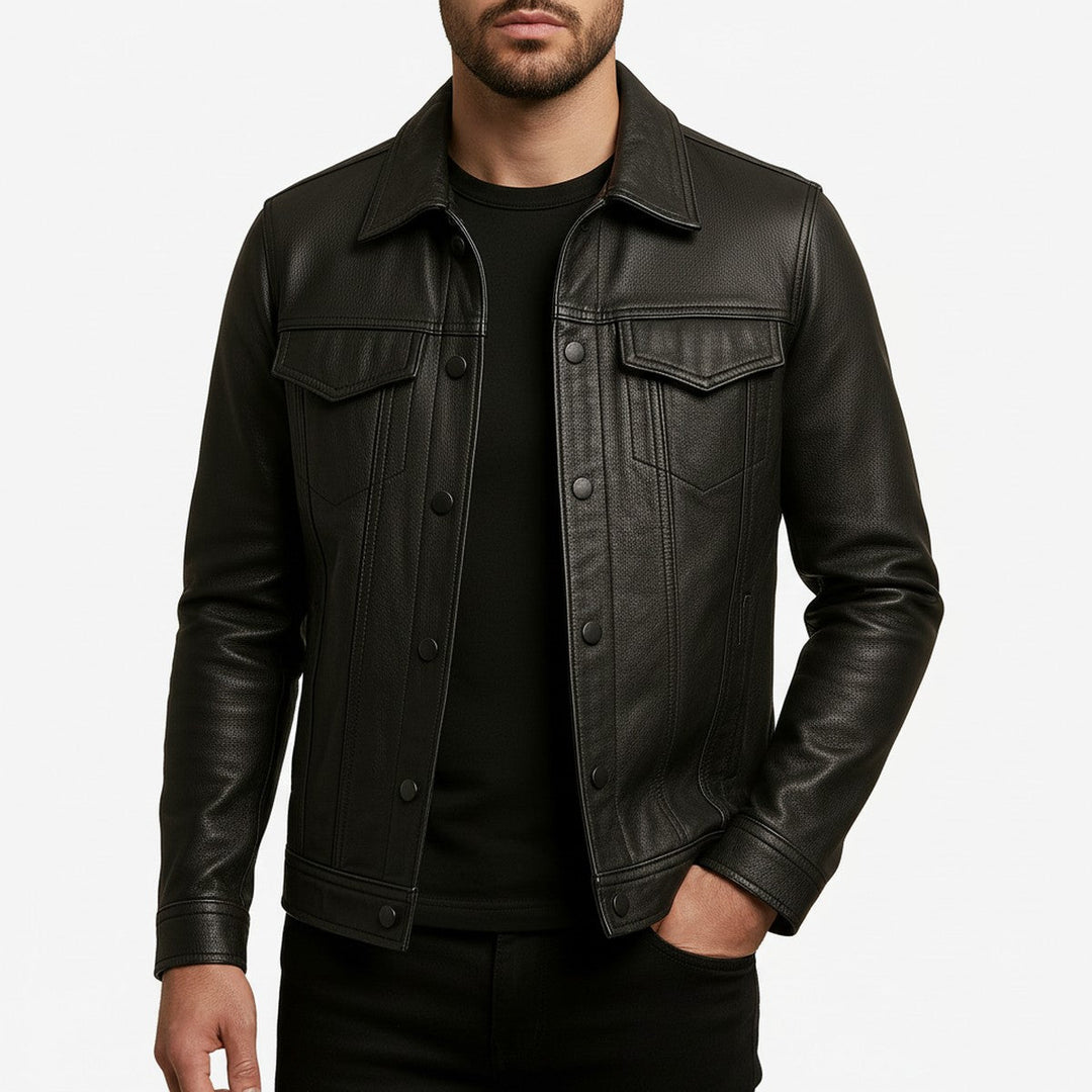 Men's Distressed Faux Leather Biker Jacket with Stand Collar and Pockets