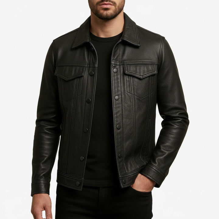 Men's Distressed Faux Leather Biker Jacket with Stand Collar and Pockets