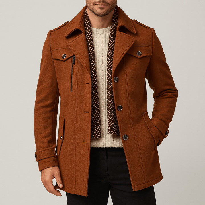 Men's Wool Blend Long Trench Coat with Notched Lapels & Pockets