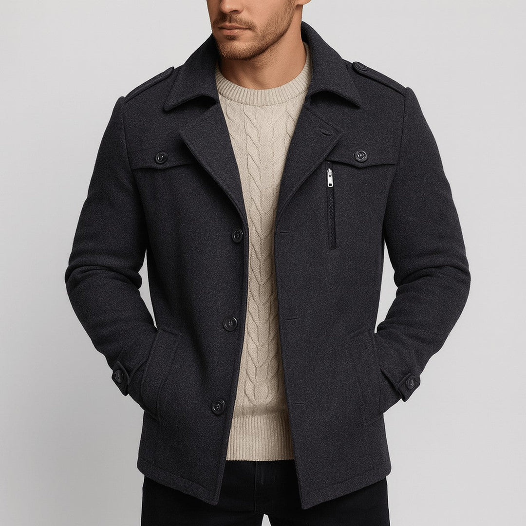 Men's Wool Blend Long Trench Coat with Notched Lapels & Pockets