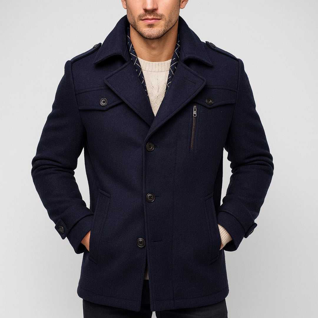 Men's Wool Blend Long Trench Coat with Notched Lapels & Pockets