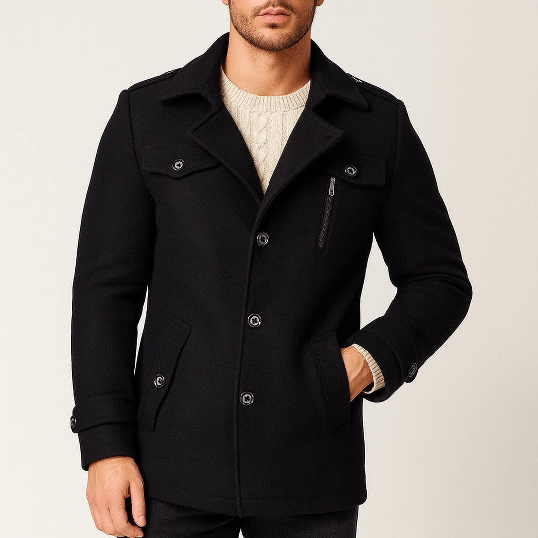 Men's Wool Blend Long Trench Coat with Notched Lapels & Pockets