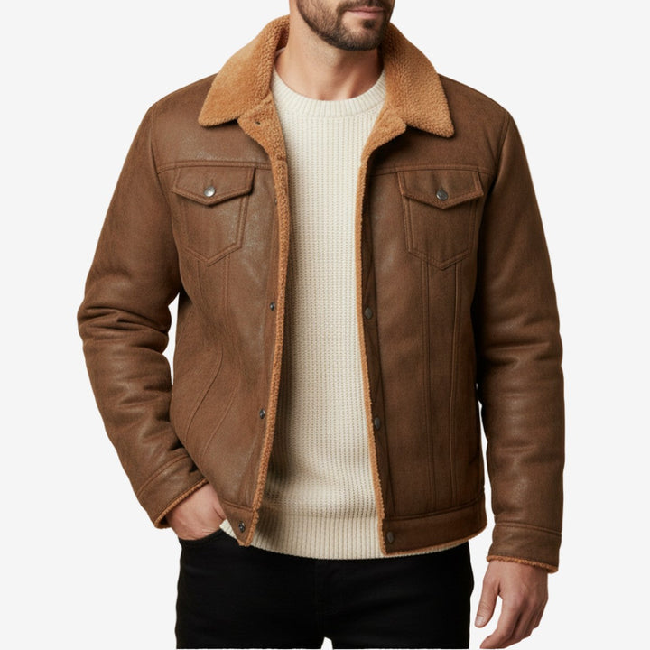 Men's Winter Suede Jacket with Cozy Sherpa Lining and Full Zip