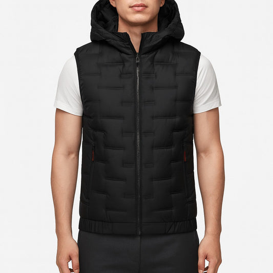 Men's Sleeveless Quilted Puffer Vest with Hood and Zipper Closure