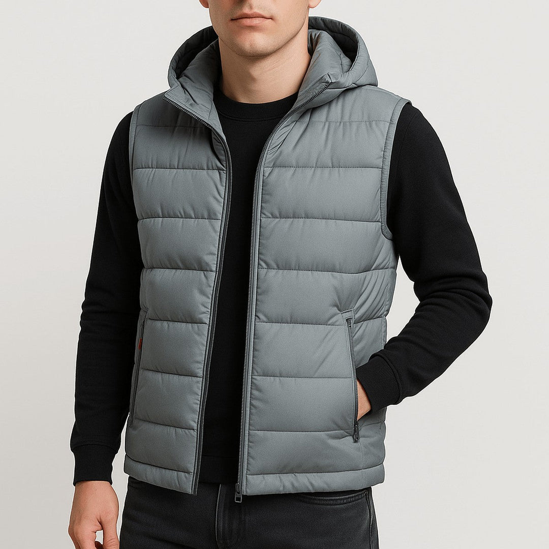 Men's Sleeveless Quilted Puffer Vest with Hood and Zipper Closure