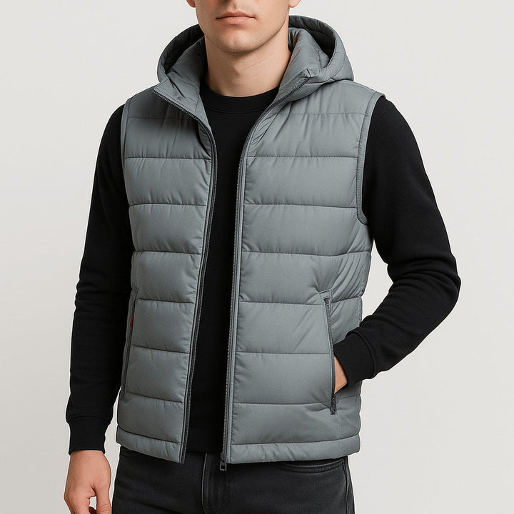 Men's Sleeveless Quilted Puffer Vest with Hood and Zipper Closure