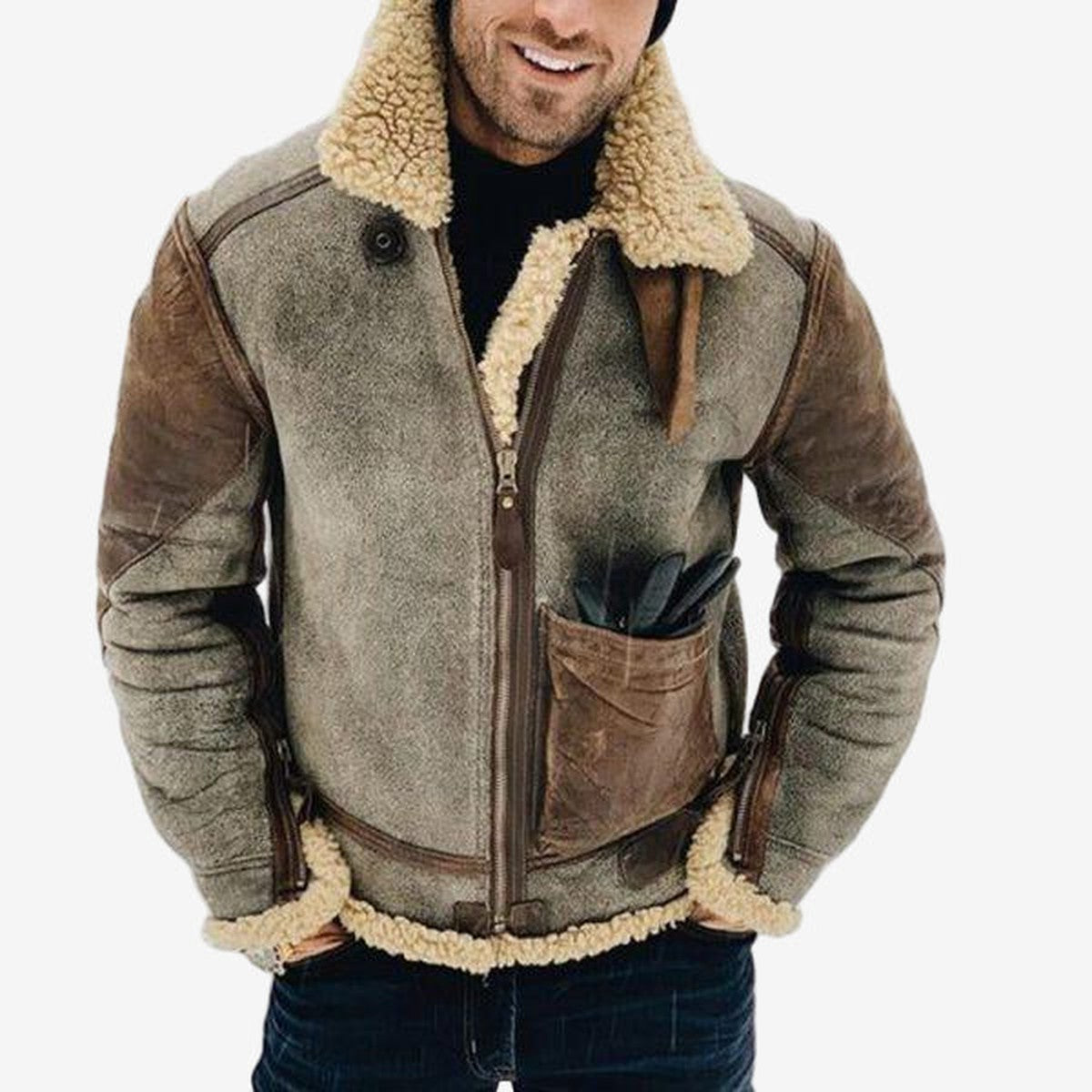 Miesten teddyfleece-takki - täyspitkä vetoketju, pystykaulus ja taskut