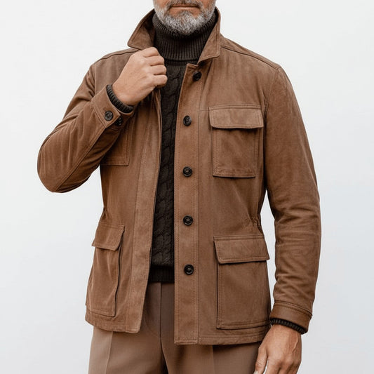 Men's Suede Button-Down Classic Bomber Jacket for Everyday Wear