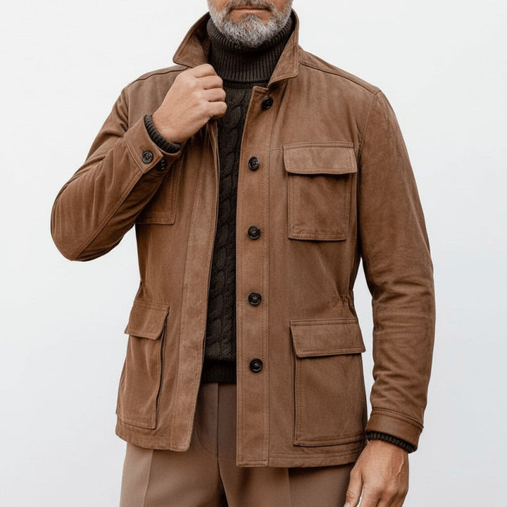 Men's Brown Suede Bomber Jacket with Classic Collar and Zip Closure