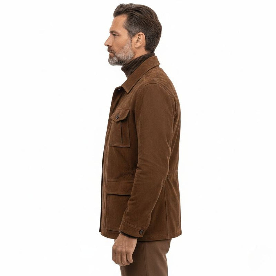 Men's Brown Suede Bomber Jacket with Classic Collar and Zip Closure