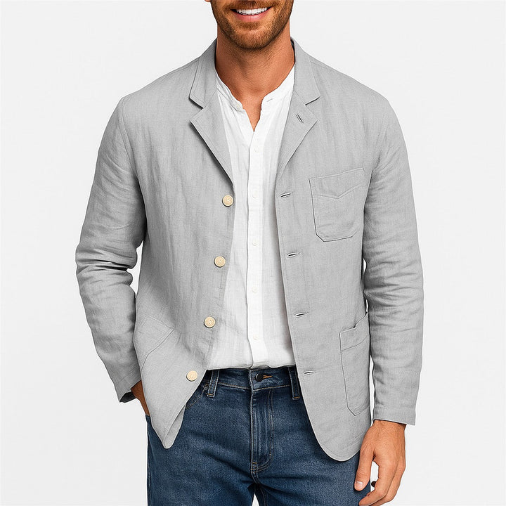 Men's Lightweight Linen Suit Jacket with Collar and Pockets