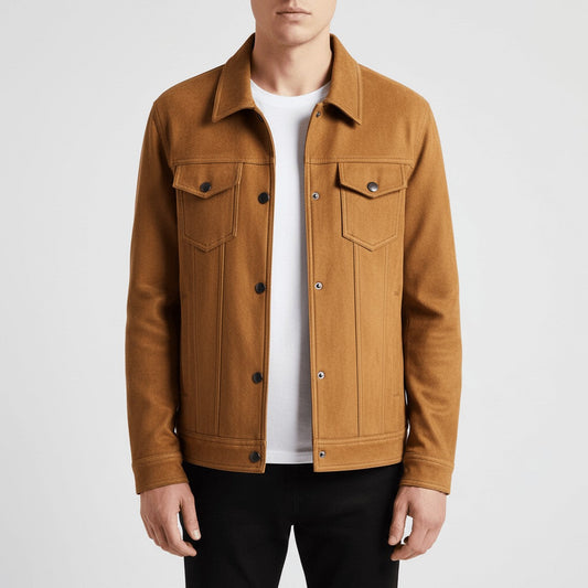 Men's Vintage Suede Bomber Jacket with Point Collar and Chest Pockets