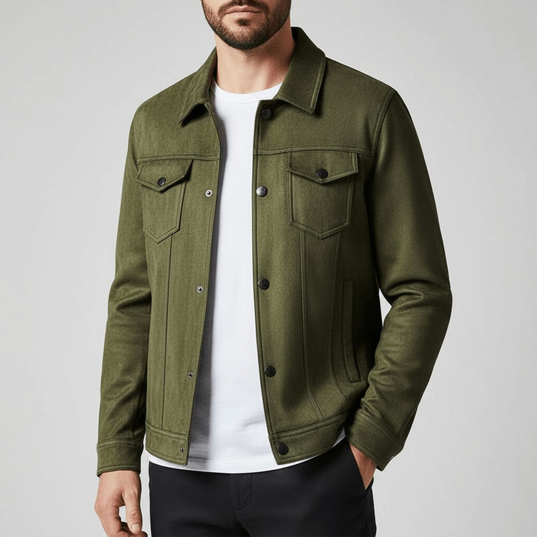 Men's Vintage Suede Bomber Jacket with Point Collar and Full Zip Closure