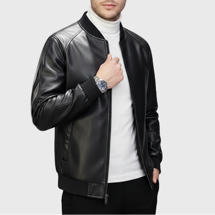 Men's Black Faux Leather Bomber Jacket with Ribbed Trim and Zip Closure