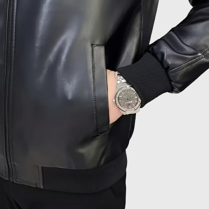 Men's Black Faux Leather Bomber Jacket with Ribbed Trim and Zip Closure