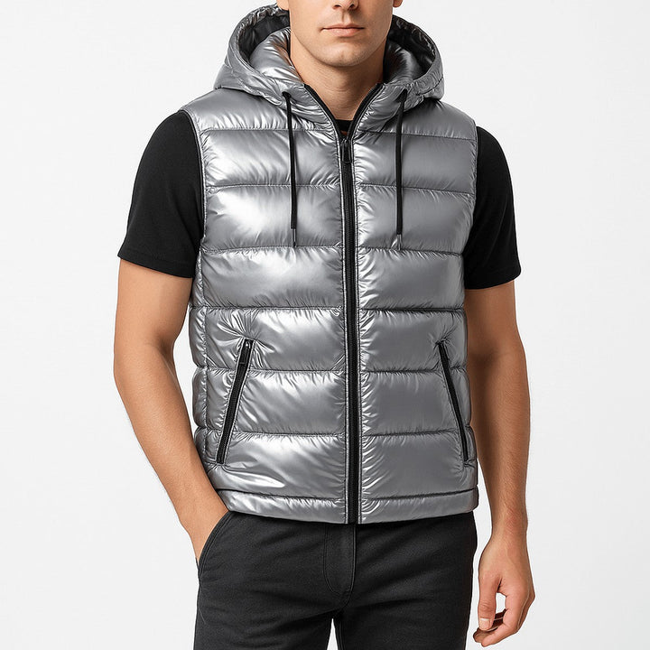 Men's Quilted Shiny Puffer Vest with Detachable Hood and High Collar
