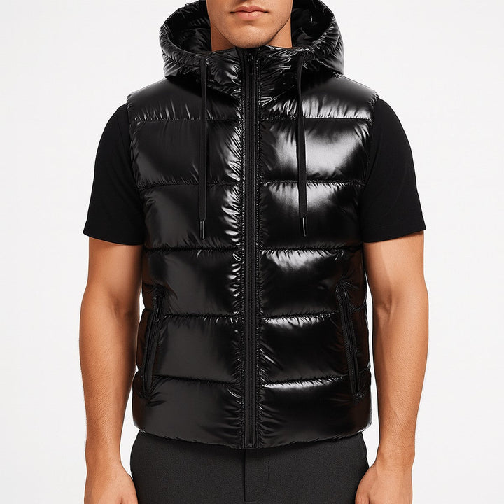 Men's Quilted Shiny Puffer Vest with Detachable Hood and High Collar