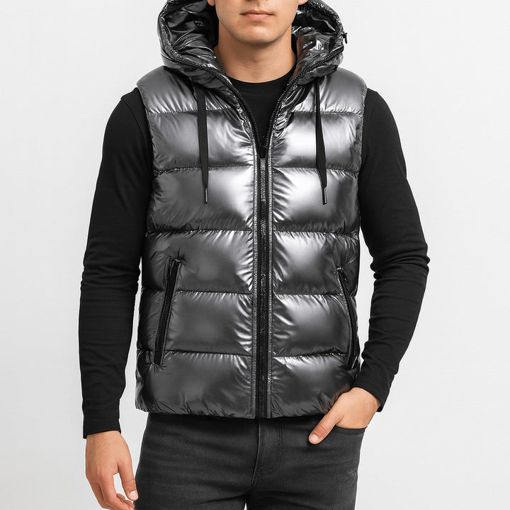 Men's Quilted Shiny Puffer Vest with Detachable Hood and High Collar