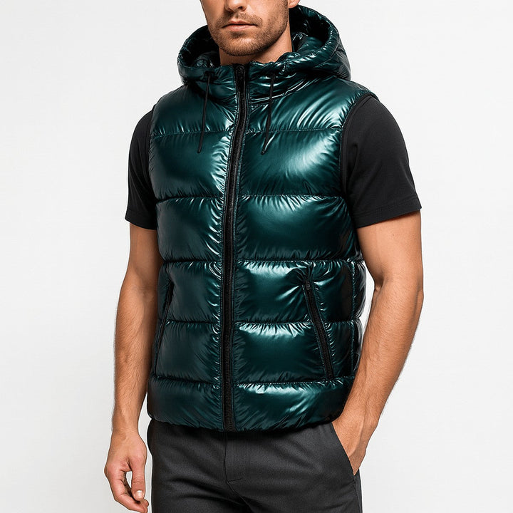 Men's Quilted Shiny Puffer Vest with Detachable Hood and High Collar
