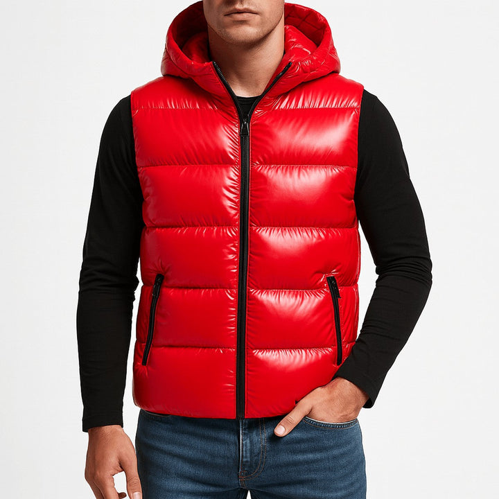 Men's Quilted Shiny Puffer Vest with Detachable Hood and High Collar