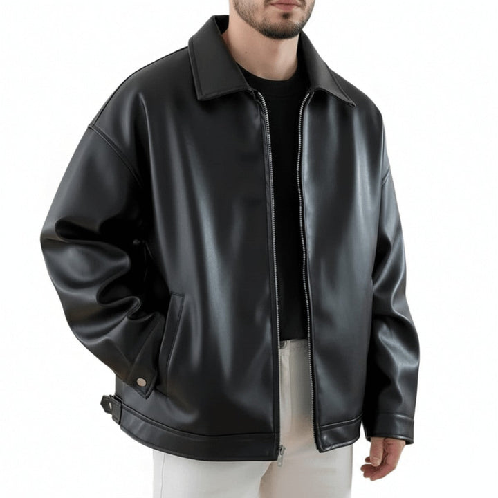 Men's Black Faux Leather Bomber Jacket with Ribbed Cuffs & Zipper