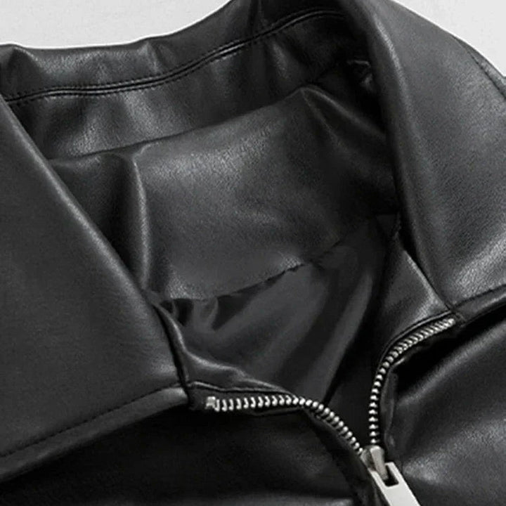 Men's Black Faux Leather Bomber Jacket with Ribbed Cuffs & Zipper