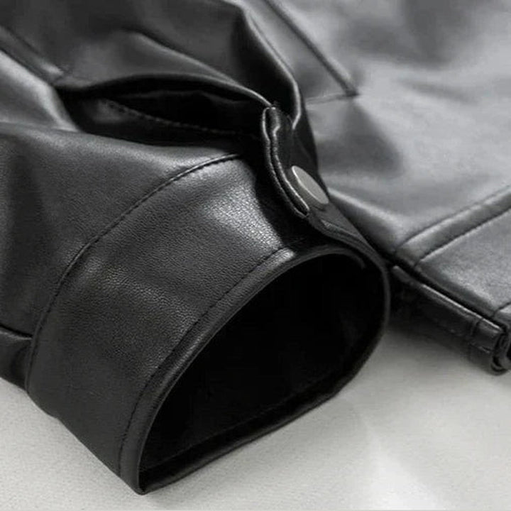 Men's Black Faux Leather Bomber Jacket with Ribbed Cuffs & Zipper