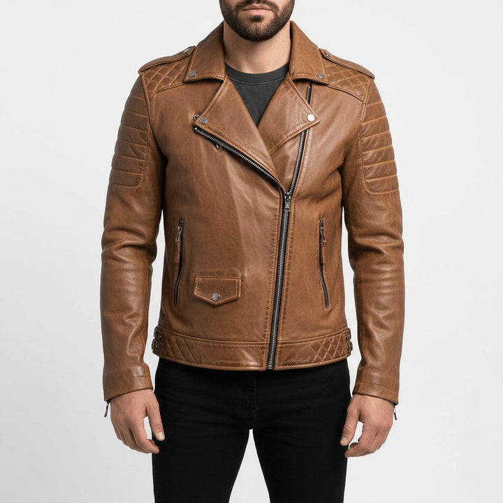 Men's Faux Leather Motorcycle Jacket with Stand Collar & Zipper Pockets