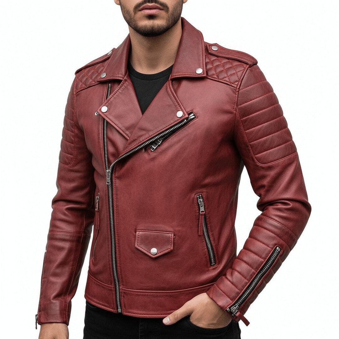 Men's Faux Leather Motorcycle Jacket with Stand Collar & Zipper Pockets