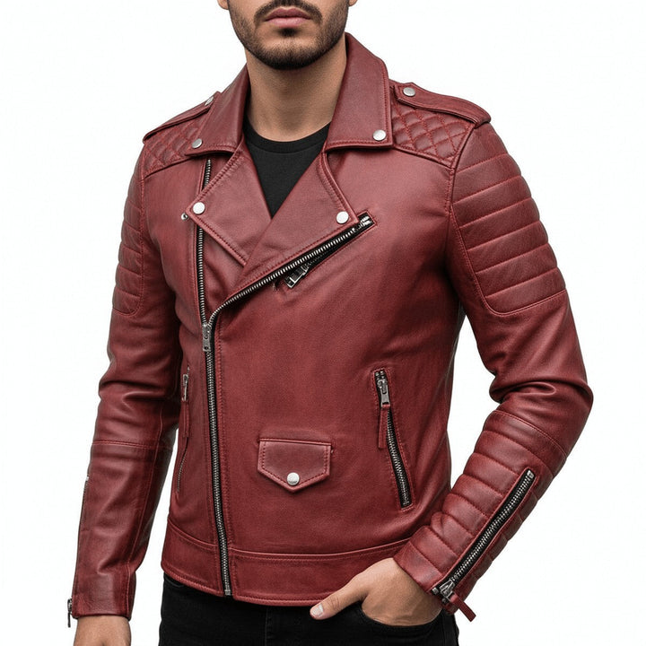 Men's Faux Leather Motorcycle Jacket with Stand Collar & Zipper Pockets