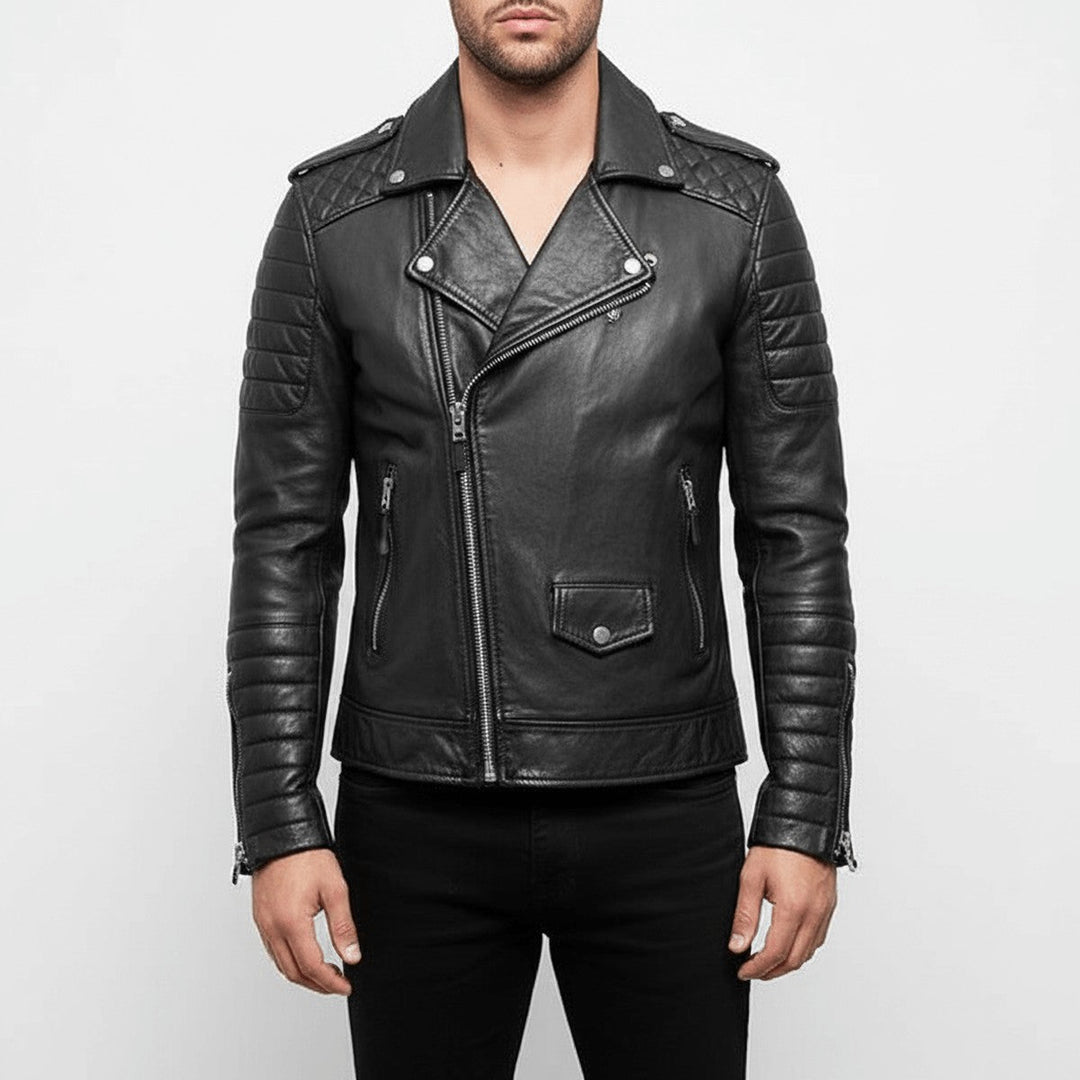Men's Faux Leather Motorcycle Jacket with Stand Collar & Zipper Pockets