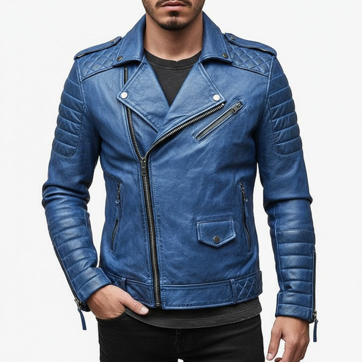 Men's Faux Leather Motorcycle Jacket with Stand Collar & Zipper Pockets
