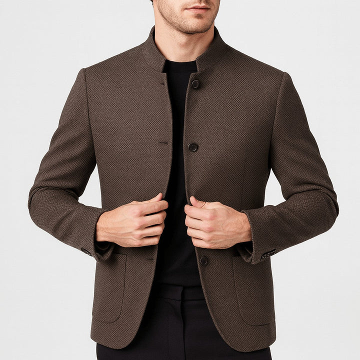 Men's Wool Blend Trench Coat with Mandarin Collar and Button Closure