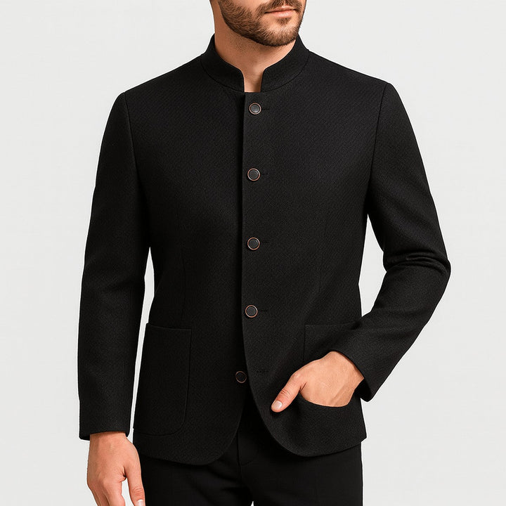 Men's Wool Blend Trench Coat with Mandarin Collar and Button Closure