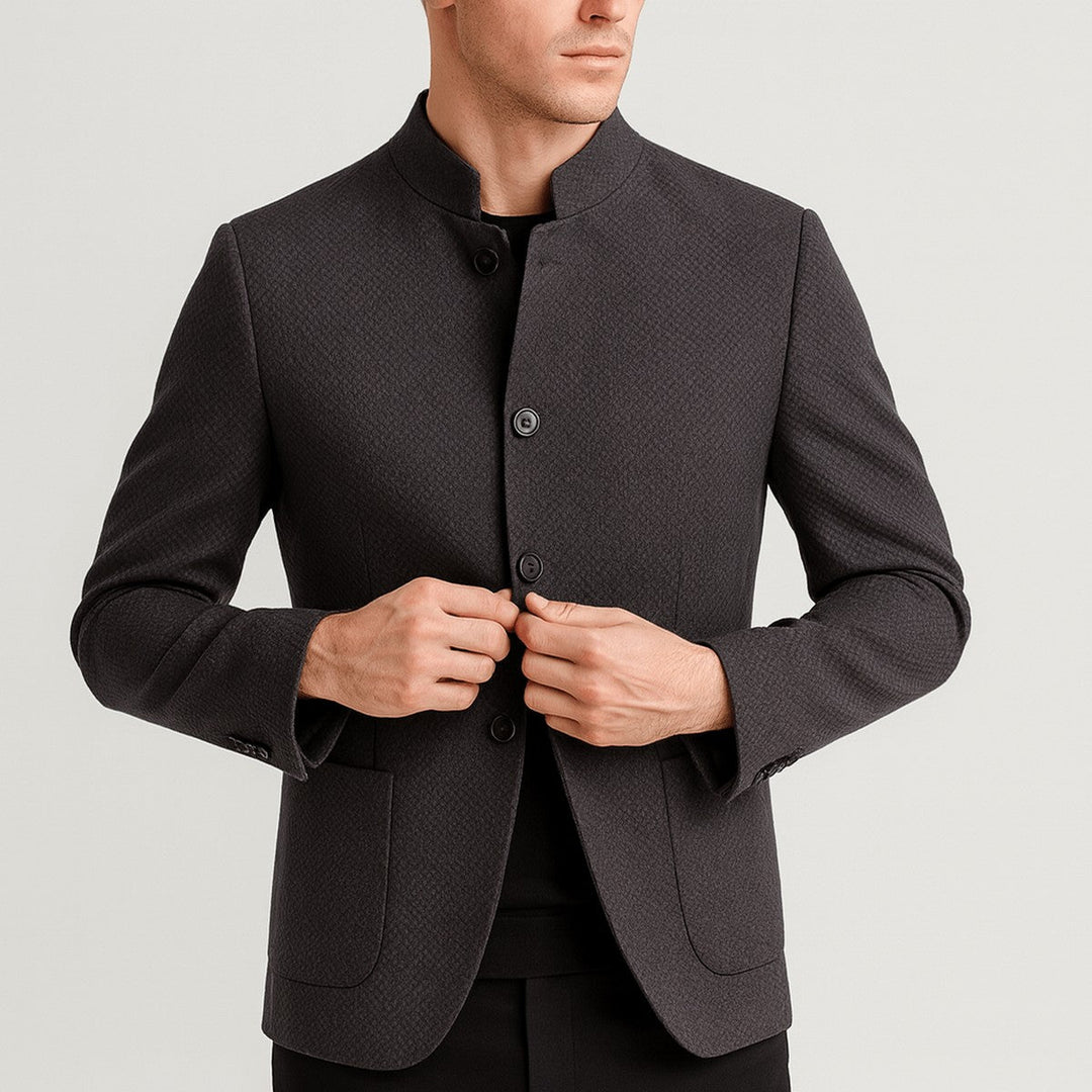 Men's Wool Blend Trench Coat with Mandarin Collar and Button Closure