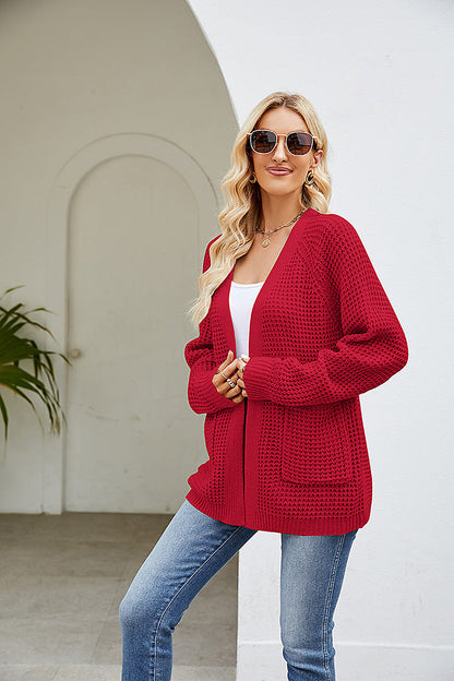 Women's Waffle Knit Cardigan with Open Front and Patch Pockets