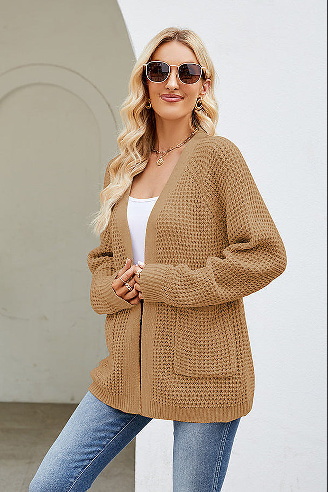 Women's Waffle Knit Cardigan with Open Front and Patch Pockets