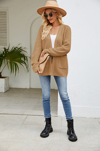 Women's Waffle Knit Cardigan with Open Front and Patch Pockets