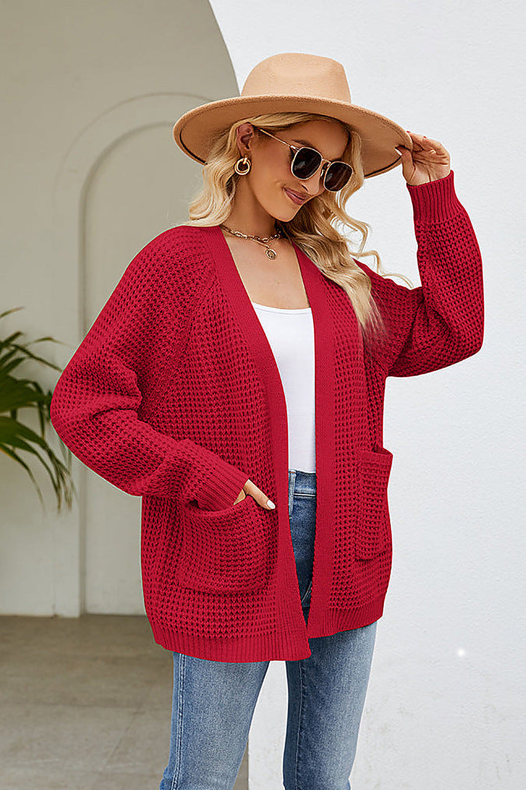 Women's Waffle Knit Cardigan with Open Front and Patch Pockets