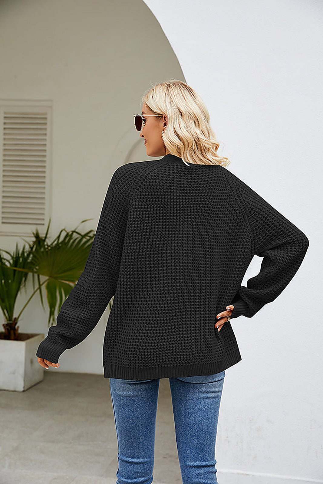 Women's Waffle Knit Cardigan with Open Front and Patch Pockets
