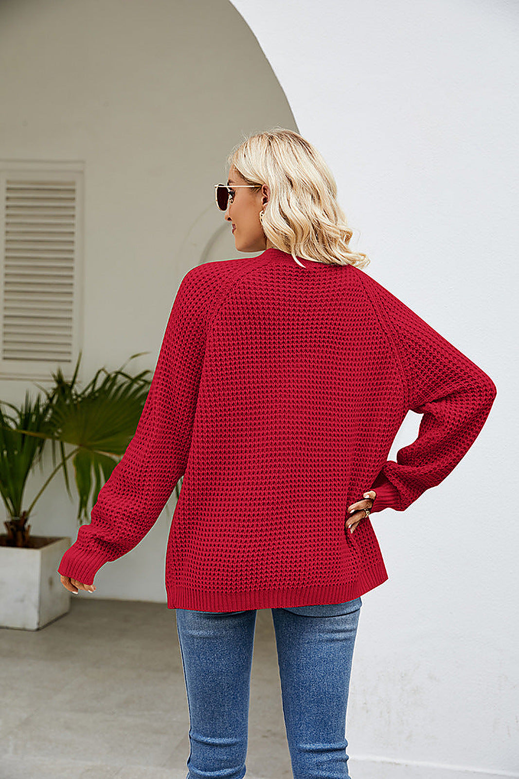 Women's Waffle Knit Cardigan with Open Front and Patch Pockets