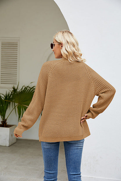 Women's Waffle Knit Cardigan with Open Front and Patch Pockets