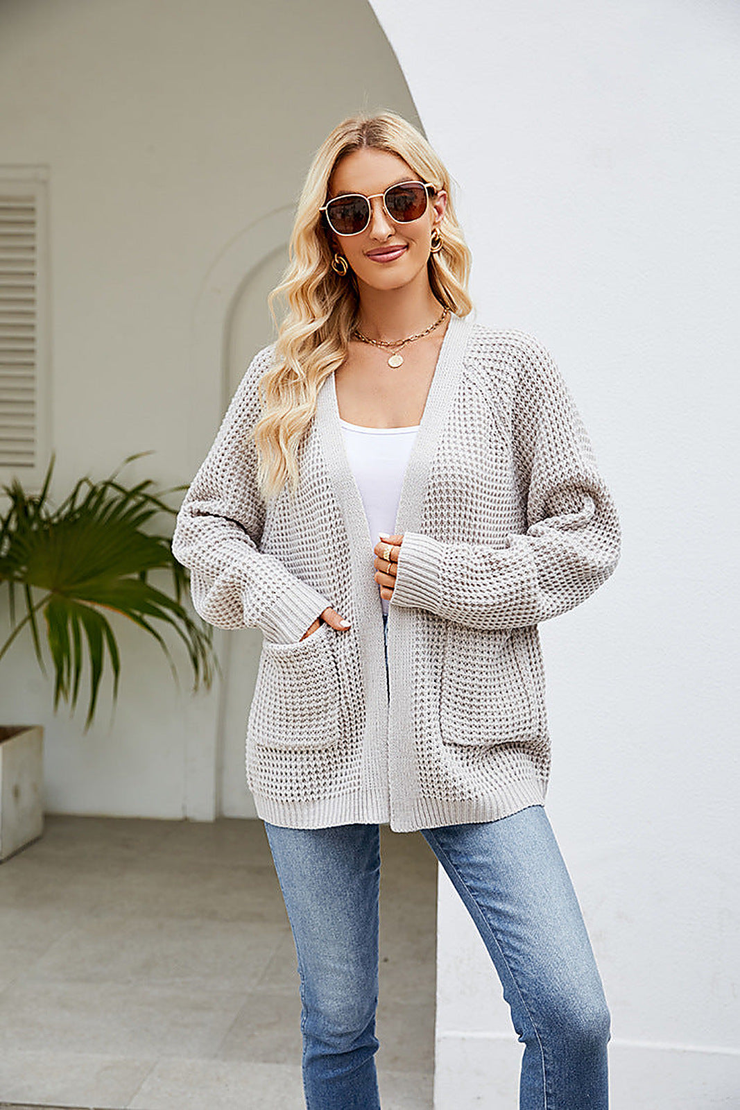 Women's Waffle Knit Cardigan with Open Front and Patch Pockets