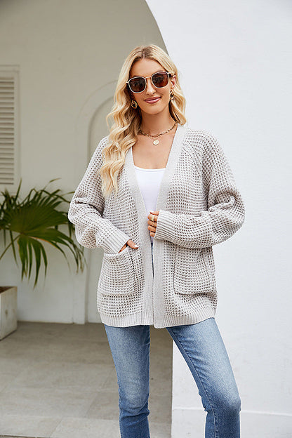 Women's Waffle Knit Cardigan with Open Front and Patch Pockets