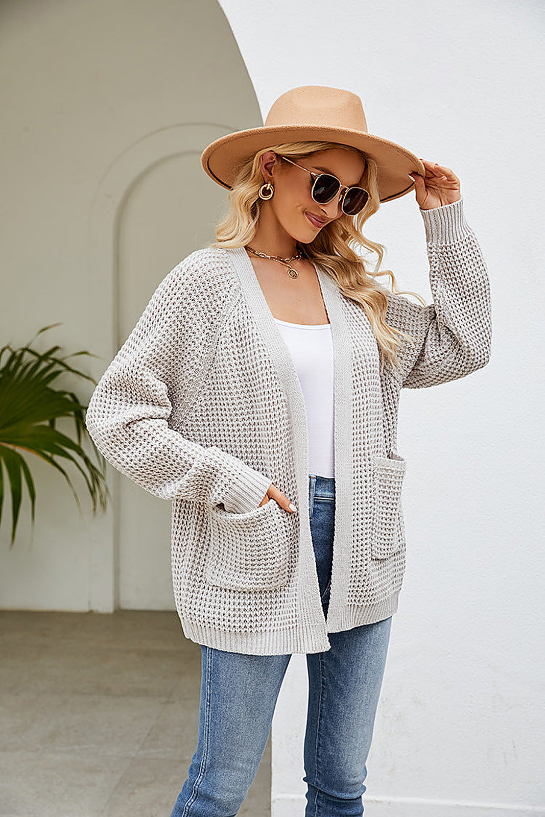 Women's Waffle Knit Cardigan with Open Front and Patch Pockets