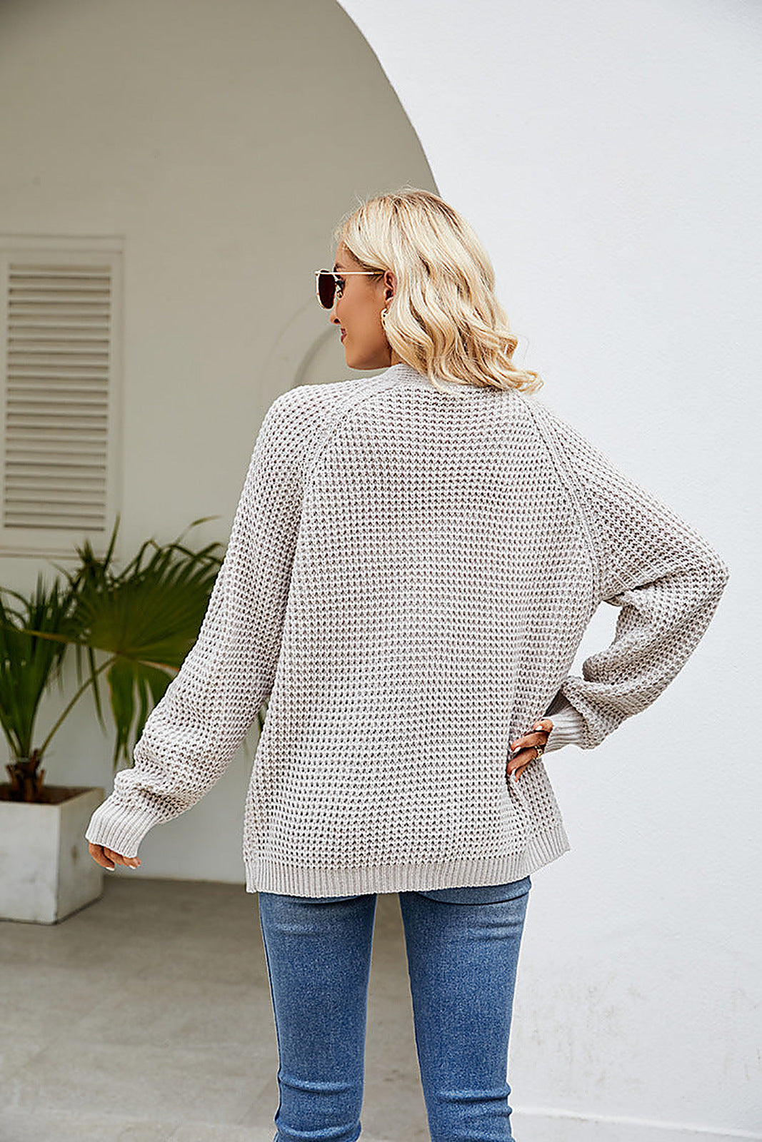 Women's Waffle Knit Cardigan with Open Front and Patch Pockets
